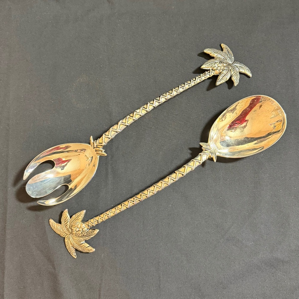 Palm Tree Salad Server Set‎ Godinger Silver Art Co Silver Plated Vintage 13"
